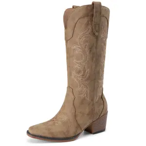 Cowboy Cowgirl Boots for Women Western Fashion Embroidery Chunky Heel Pointed Toe Comfortable Mid Calf Boots with Side Zipper