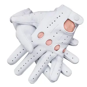 WHITE - Men’s Genuine Leather Full Finger Driving Gloves with Knuckle Holes & Snap Closure