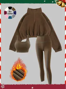 Women's Fleece-Lined Tracksuit Set, Cozy 3-Piece Outfits For Gym, Ideal Valentine'S Gift