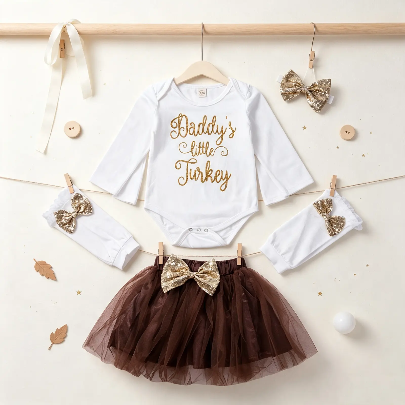 Baby Girl’s Outfits Five Piece Suit Unique Letter Romper Sequin Bow Gauze Skirt and Headband Leg Warmer