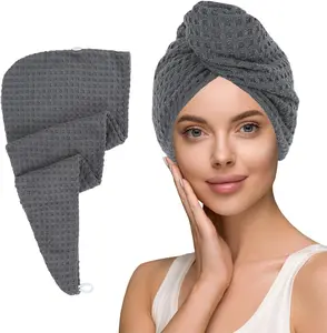 Hair Towel Terry Cloth Absorbent Dry Anti Frizz Twist Plopping Curly Shower for Women Wet Hair 1Pack Grey Waffle Long Hair  Wraps Quick Dry Hair Drying Towels Button