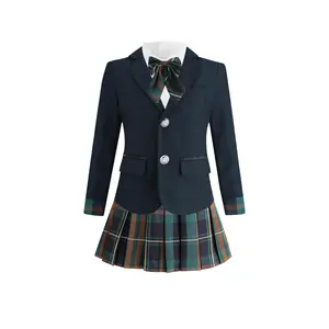 NewGirls Navy Blazer Set with Pleated Skirt & Bow Tie, British School Uniform for Kindergarten, Academic Formal Dress Suit for Kids, No Shirt Included