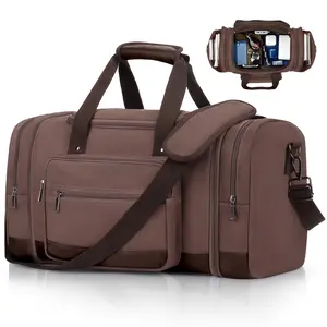 46L Expandable Canvas Duffle Bag – Weekender Travel Bag with Trolley Sleeve, Coffee