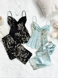 4 Pieces Women's Floral Print Pyjama Set, Casual Comfy Sleeveless Draped Camisole & Elastic Waist Shorts Pj Set, Ladies Sleepwear for All Seasons