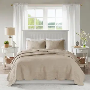 360 Stand Tuscany Reversible Scalloped Edge Quilt Set - King & California King Size, 3 Piece, 96x108x0.25in, Khaki, Classic Stitch, Layered Bedding, Cottage Look, Country Vibe