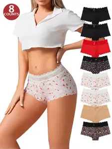Women's Solid Color/Cherry/Leopard Print Floral Lace Scallop Trim Boyshorts, Soft Comfortable Breathable Panty for Daily Wear, Casual Breathable Knicker, Underwear for All Seasons