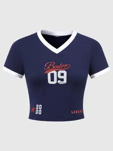 Women's Slim-Fit V-Neck Short Sleeve T-Shirt, Graphic Print, Casual Summer Top, Comfortable & Stylish, Perfect for Daily Wear