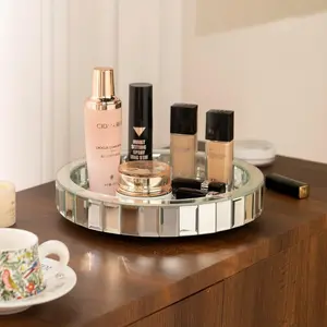 12” Rotating Makeup Perfume Organizer, Mirror Glass Coffee Table Tray, Silver Glass Vanity Tray fits Dresser Bedroom,Round Perfume Display Holder,Crushed Diamond Home Decor,Gift Idea for Women