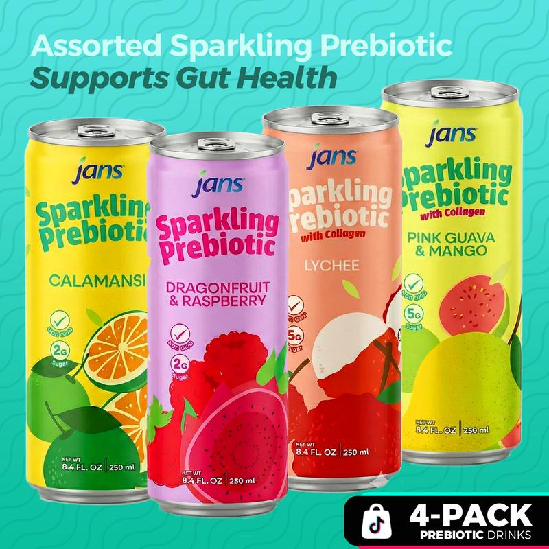 Jans Sparkling Prebiotic Soda Beverage – Low Calorie, No Added Sugar – Non-GMO Sparkling Fruit Beverage – Gut Health Support – Naturally Refreshing Canned 8.4Fl Oz
