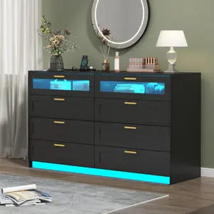 8 Drawers Dresser with Charging Station and LED Lights for Bedroom, Modern Chest of Drawers for Closet, Double Wide Dresser Organizer for Bedroom, Living Room, Entryway bedroom dresser Cabinets Storage Home