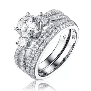 2PC 925 Sterling Silver 3-Stone Cz Wedding Band Engagement Rings Set 3-15 SE2205