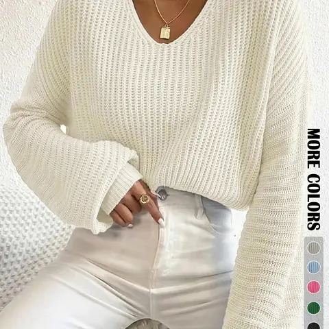 Women's Soft Solid Hollow-Out Drop-Shoulder Loose Sweater, Basic Casual Minimalist Long-Sleeve V-Neck Jumper for Daily Outdoor Wear, Knit Top for Fall & Winter