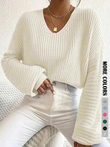 women's minimalist basic solid hollow out drop shoulder chunky knitted sweater, lady loose trendy casual comfy soft long sleeve v neck jumper for daily comfortable outdoor streetwear, womenswear knitwear for fall