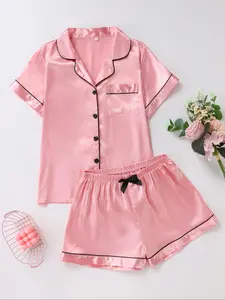 Women's Satin Sleepwear Set, Silk Fabric, Trim Design, Pajama Set, Comfortable Loose-Fit Short Sleeve Top & Shorts, Elegant Ladies' Nightwear
