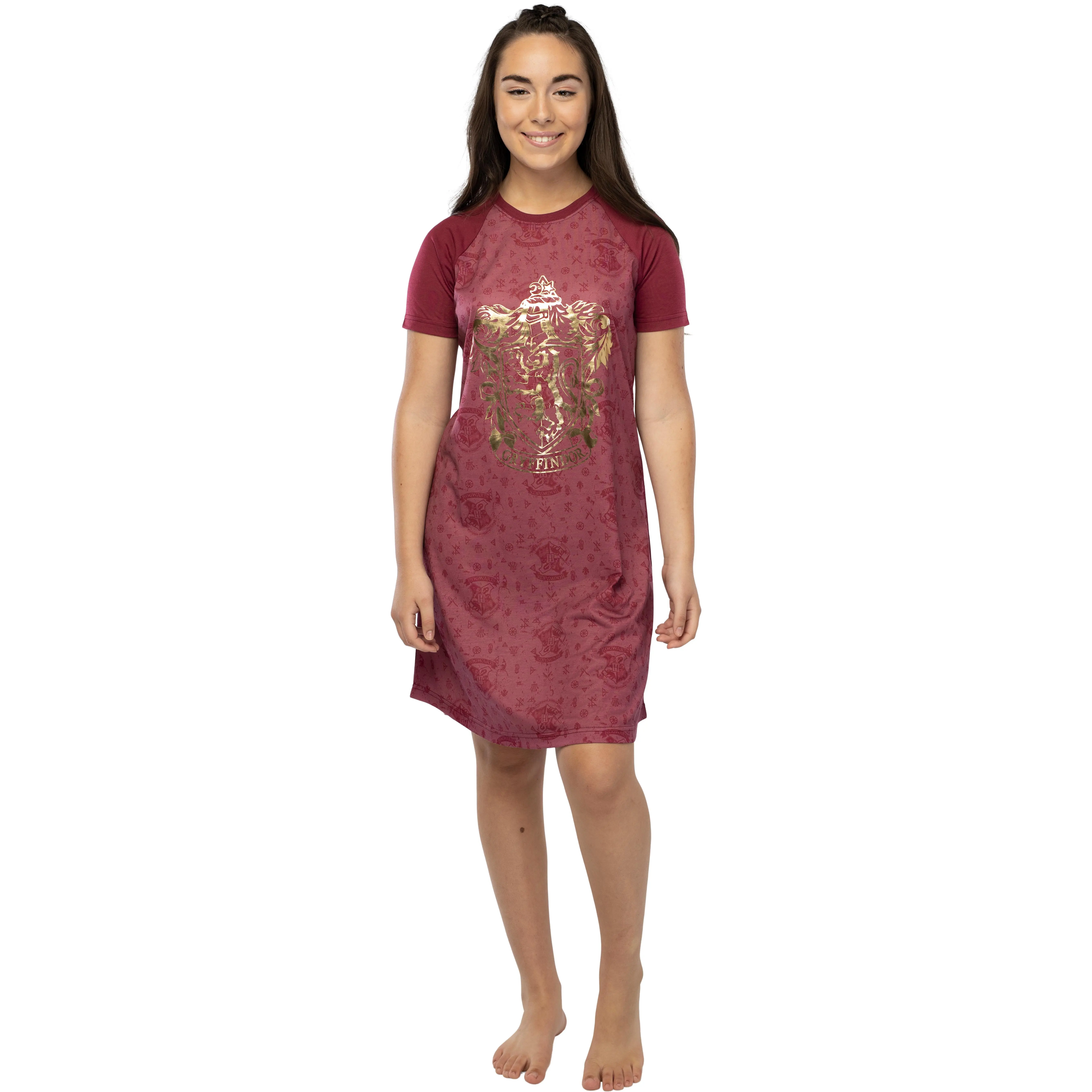 Harry Potter Women's Junior's Foil Print Hogwarts Houses Raglan Nightgown Pajama