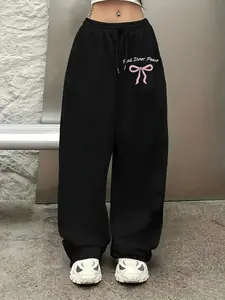 Women's Casual Sporty Long Pants, 'find Inner Peace' & Bow Print, Drawstring Adjustable Loose Fit Wide Leg, All Season Fashion