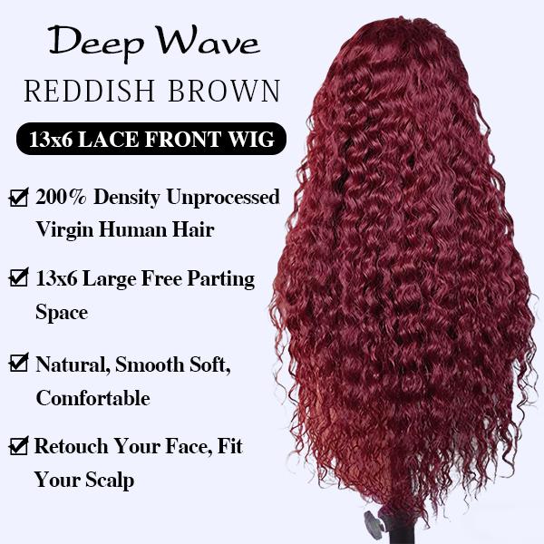 【30 Inch only $119 】99j Burgundy Deep Wave Lace Front Wigs Human Hair 99j 13x6 HD Lace Front Wigs Human Hair 200 Density Deep Wave Wig Pre Plucked Red Colored Curly Wig for Women