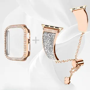 Artificial Rhinestone Watch Band & Watch Case Set, 1 Count Fashionable Watch Band & 1 Watch Case, Smartwatch Accessories, Smart Watch Accessories for Women & Girls