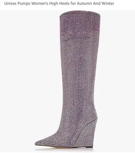 Dazzling Silver Rhinestone Knee-High Boots – Glamorous Statement Footwear – Size 8