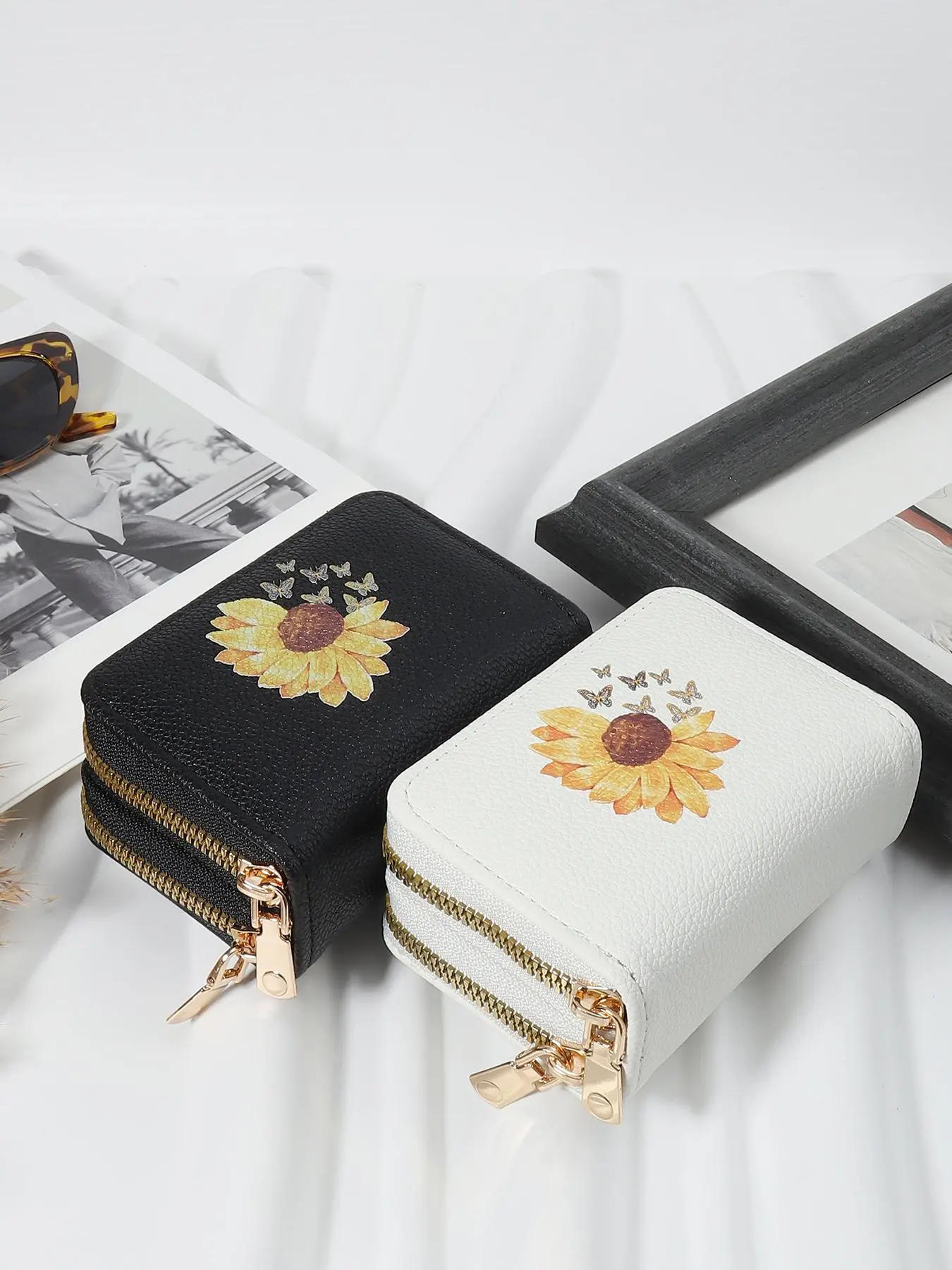 Women's Fashionable Sunflower & Butterfly Pattern Zipper Short Wallet, Casual Versatile Card Holder, Simple All-match Purse for Daily Used, Card Organizer, Card Slots, Card Slots Pocket