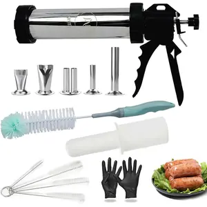 Professional Beef Jerky Gun Kits, Stainless Steel Jerky Maker, Jerky Cannon, Meat Gun with 5 Stainless Nozzles, 5 Brushes, and a bonus pair of gloves