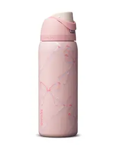 New Owala 32oz FreeSip water bottle in the "Sugar Plum Fairy" colorway features a pastel pink finish covered in a delicate pastel ribbon pattern