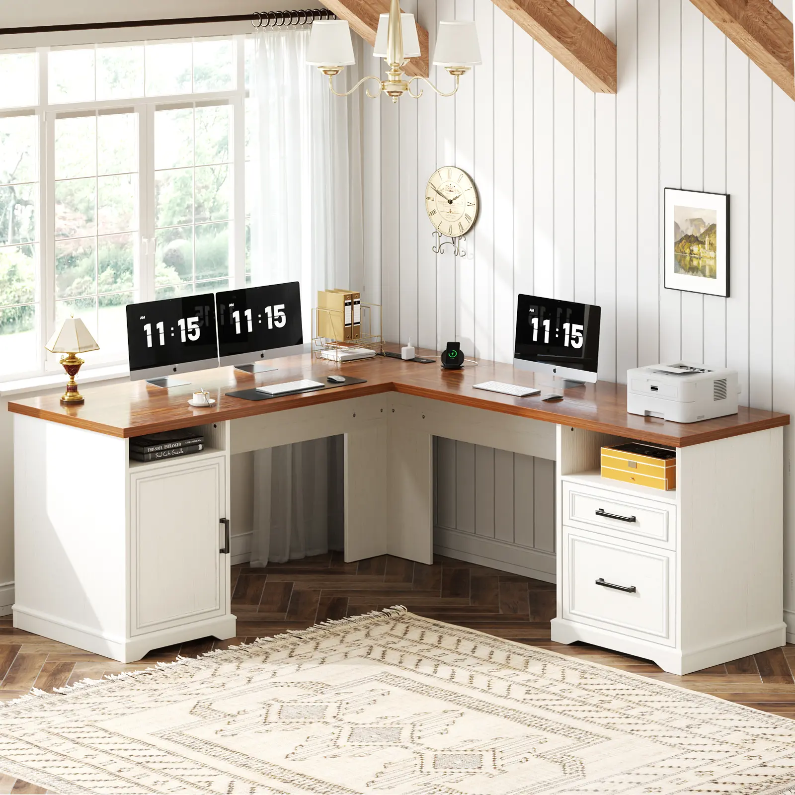 Cyclysio 59'' French Country L-Shaped Computer Desk with Power Outlets ＆ Drawers ＆ File Cabinet,Heavy Duty Farmhouse Corner Office Desk Executive Desk