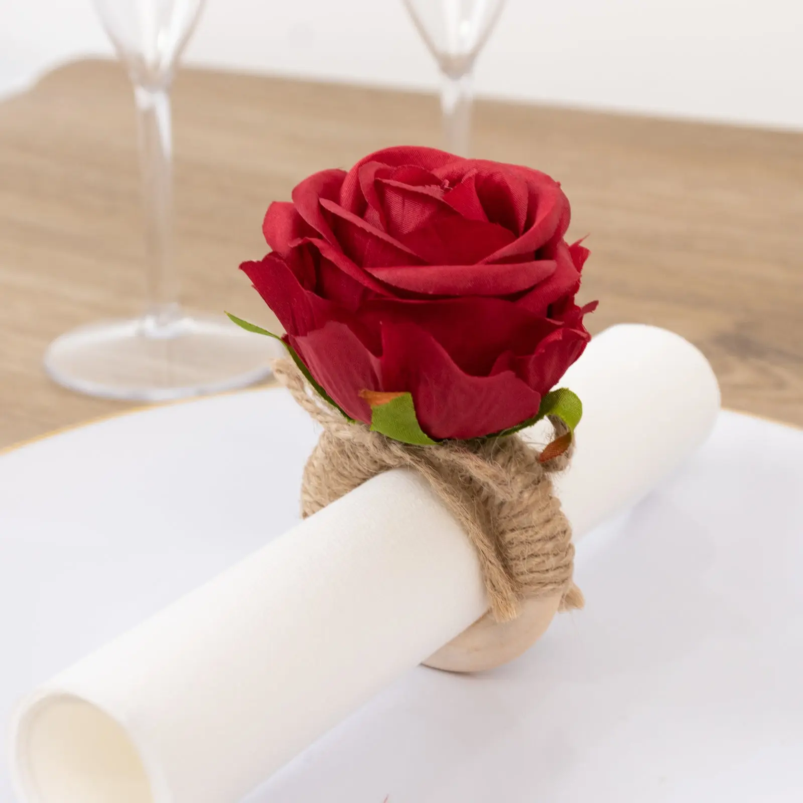 4 Pack Red Artificial Rose Wooden Napkin Holders - Farmhouse Country Tableware Napkin Rings for Birthday, Outdoor Weddings (4 in)