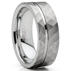 Mens Tungsten Ring Hammered Wedding Band Grooved Center Comfort-fit 8MM