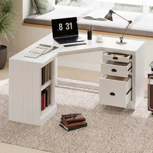 57.68" Modern L Shaped Executive Desk with 2 Storage Cabinets and 3 Drawers,Corner Writing Desk,Office Desk Furniture,Computer Desks with Depth Workstation for Home Office,Living room,White(High end and high-quality Computer desk)