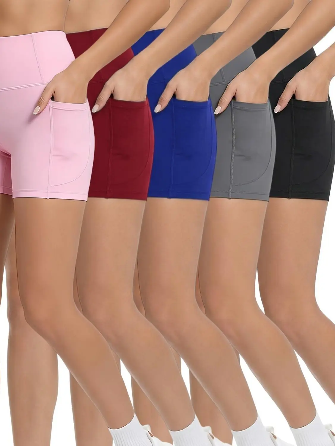 5pcs Women'S High-Waist Shaping Shorts with Crescent Pockets - Black, Stretchy Tummy Control, Mid-Thigh Length, Machine Washable, Summer Casual Wear, Everyday Compression Wear | Sleek Design | Tummy Control Shorts