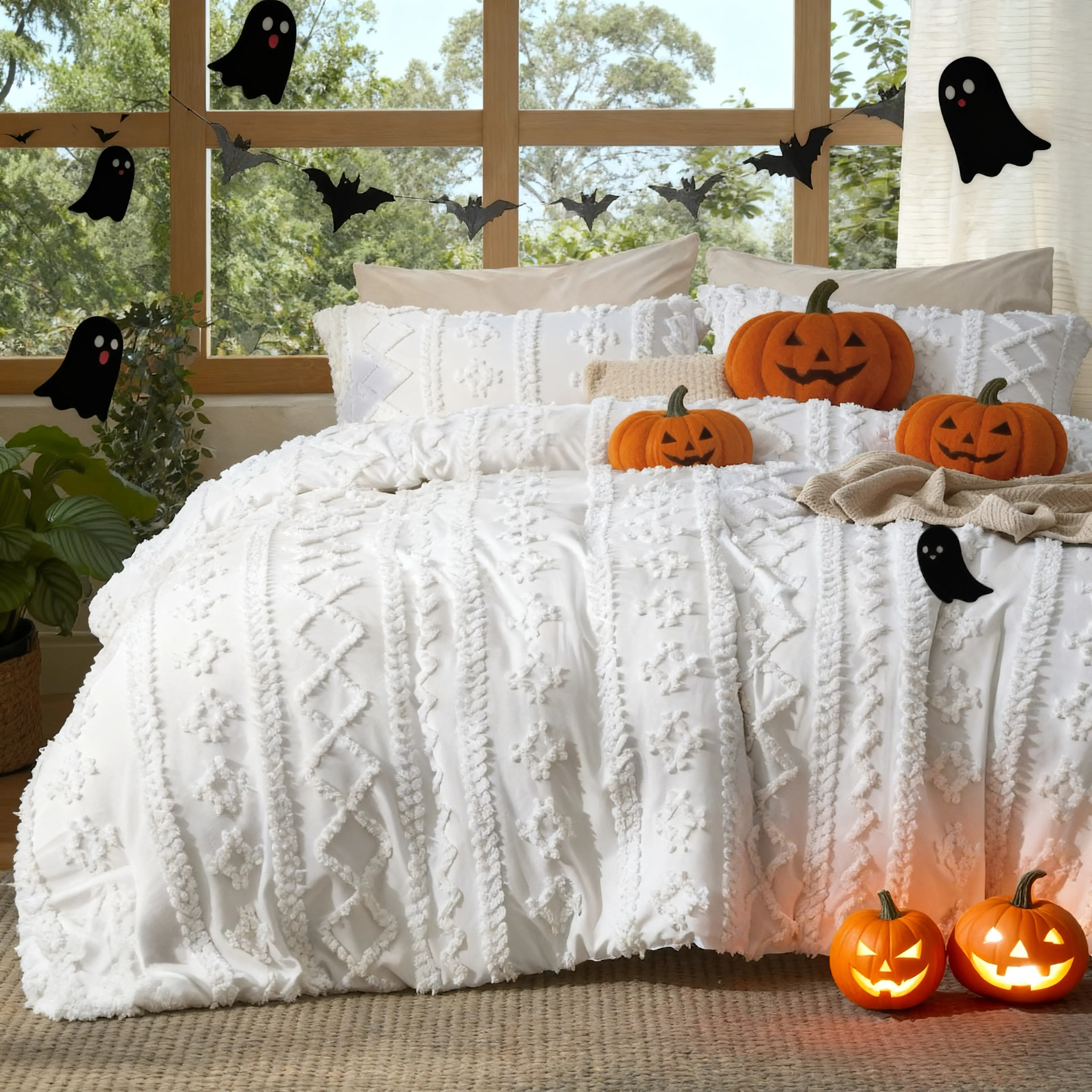 Bedsure Tufted Boho Comforter Set Halloween Pumpkin Caramel- Boho Bed Set, GentleSoft 3 Pieces Farmhouse Shabby Chic Embroidery Bedding, Gifts for Wom