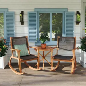 2 Pieces Patio Rocking Chair Set, Acacia Wood Outdoor Rockers with Wicker Rattan Seat & Backrest, Comfortable Garden Porch Chairs for Backyard, Balcony, and Poolside, Dark Brown