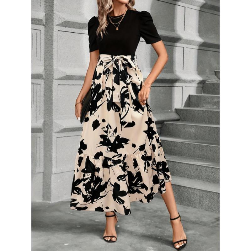 Floral Print Crew Neck Dress, Elegant Short Sleeve Tie Waist A-line Ankle Length Dress For Spring & Summer, Women's Clothing Loose Midi Flowery Backless Mini white  dress  girl shein