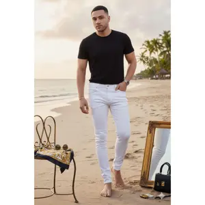 SKINNY Premium Jeans - Slim Fit Design, Mid Thigh Waist, Stretchy Fabric, Suitable for Men, Comfortable Fit, Perfect for Casual Wear Denim Menswear Cotton Beige Spandex White