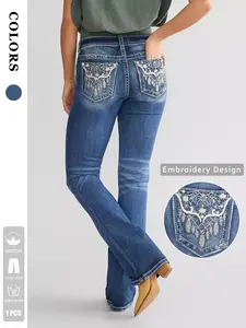 Women's Deep Blue Washed Micro-Rise Jeans, Embroidered Pockets, Stretch Denim, Slimming Effect, Fit, Casual Elegant Style, Daily Wear, Office Fashion, Party