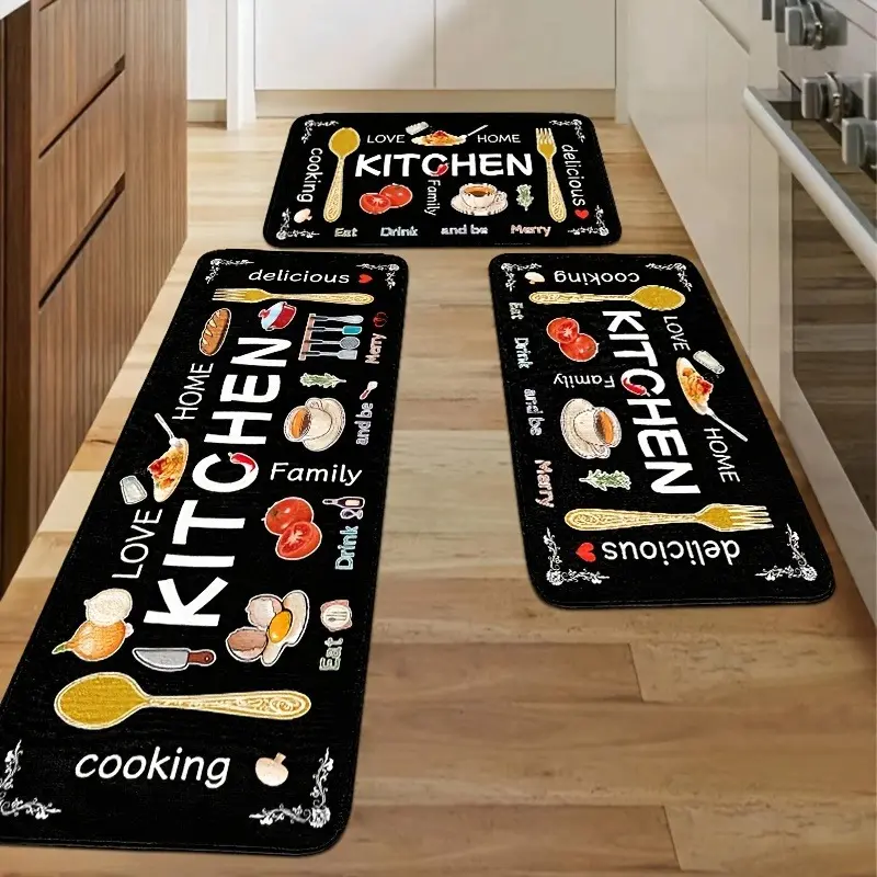 Kitchen Mat Set of 1/2/3, Polyester Mats, Machine Washable, Lightweight Rectangular Mat with Food and Tableware Design, Suitable for Bedroom, Living Room, Dining Room, Kitchen runner rug , Bathroom