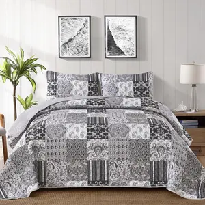 Grey Quilt King Size, Patchwork Plaid Bedspread Sets Microfiber Boho Quilts for King 3 Coverlet for (104 "x 90")