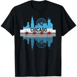 Vintage Chicago Illinois Flag Skyline Men Women T-Shirt  Graphic tees