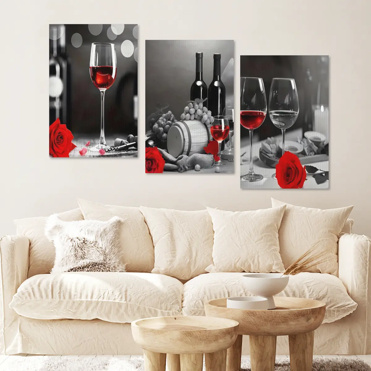Classic 3-Piece Retro Wine and Rose Decorative Canvas Art Set - High-Definition Printing, Wooden Frame Wall Decor, Gift for Living Room, Room Home Supplies