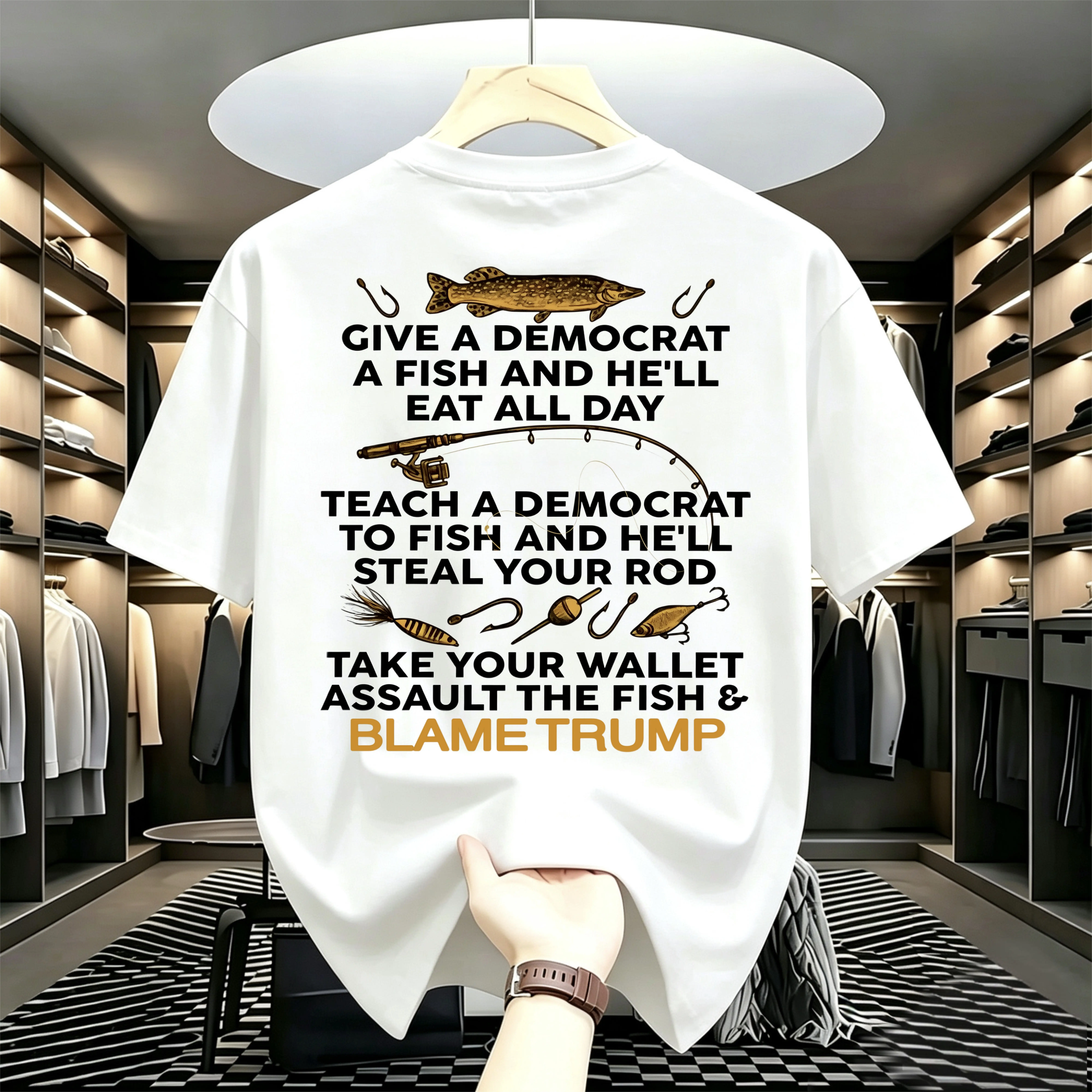 Menswear Round Neck Short-Sleeve Cotton T-Shirt, Unisex Casual Streetwear Top, Patriotic Trump Supporter Conservative "Give A Democrat A Fish" Graphic Tee, Shortsleeve