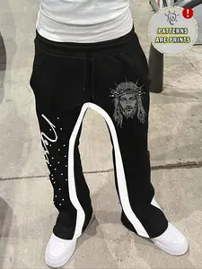 Unisex Long Pants, Trendy Street Style Drawstring Fitted Flare Sweatpants, Jesus Print, Casual Fashion, Comfortable Fit, All Occasions