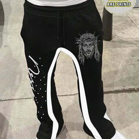 Unisex Long Pants, Trouser, Trendy Street Style Drawstring Adjustable Fitted Flare Athletic Sweatpants, Flared Sweatpants, Graphic Sweatpants, Jesus Print, Casual Fashion, Everyday Comfortable Fit, All Occasions, Aesthetics