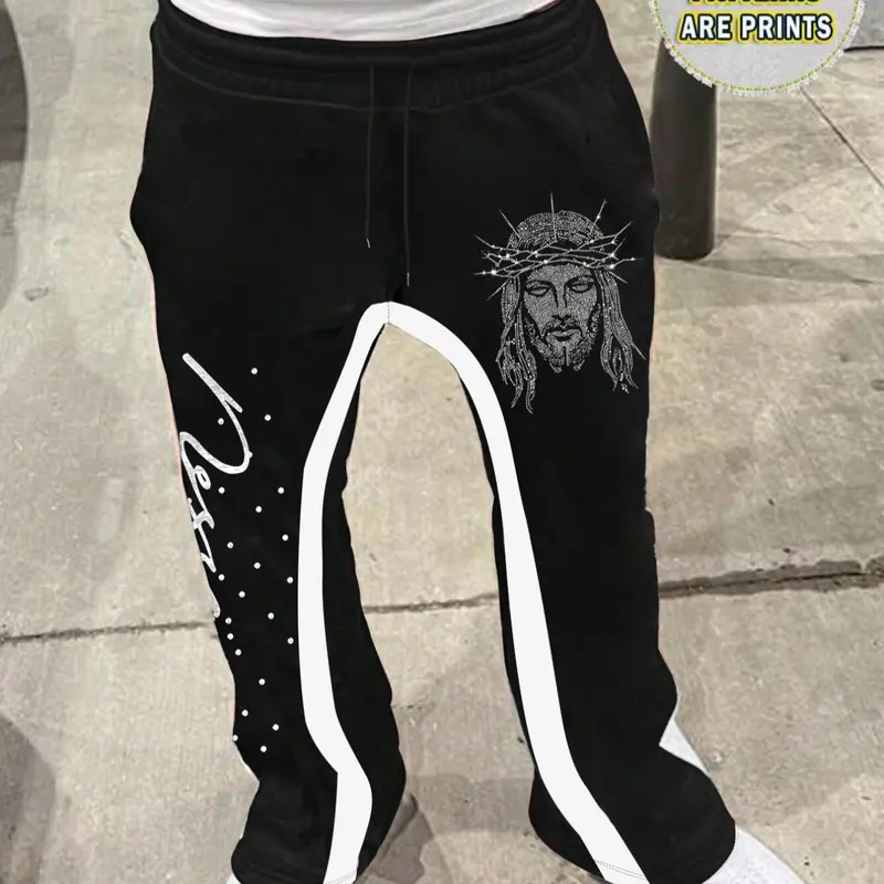 Unisex Long Pants, Trouser, Trendy Street Style Drawstring Adjustable Fitted Flare Athletic Sweatpants, Flared Sweatpants, Graphic Sweatpants, Jesus Print, Casual Fashion, Everyday Comfortable Fit, All Occasions, Aesthetics