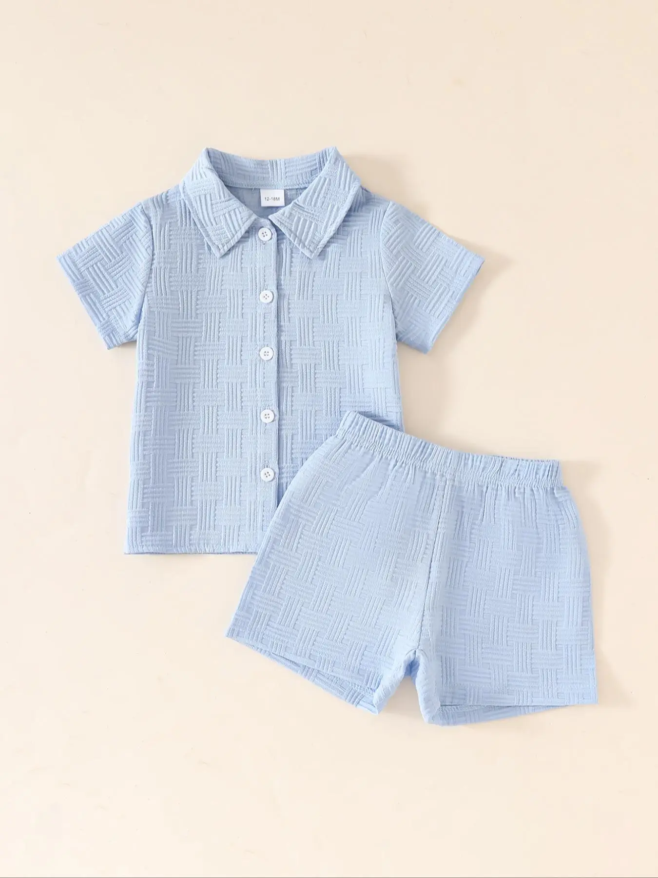 Boy's Solid Color Button Front Short Sleeve Top & Shorts Two-piece Set, Casual Summer Clothes for Kids
