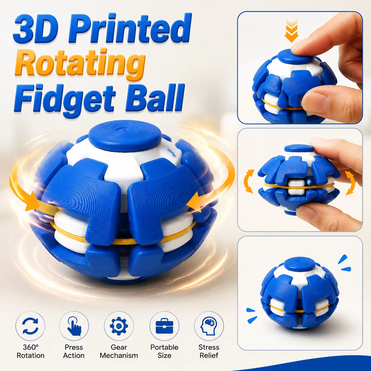 3D Printed Rotating Fidget Ball, 360°pressing and rotating gear mechanical desktop toy, suitable for advanced decompression momentum gyroscope for teenagers and adults, suitable for office, classroom, and travel use