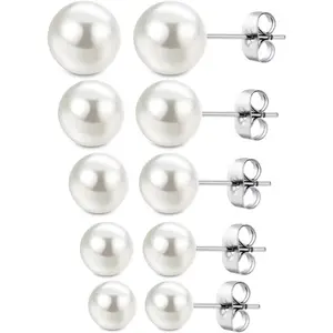 Faux Pearl Stud Earrings 5 Pairs, Stainless Steel  Starter Set for Women