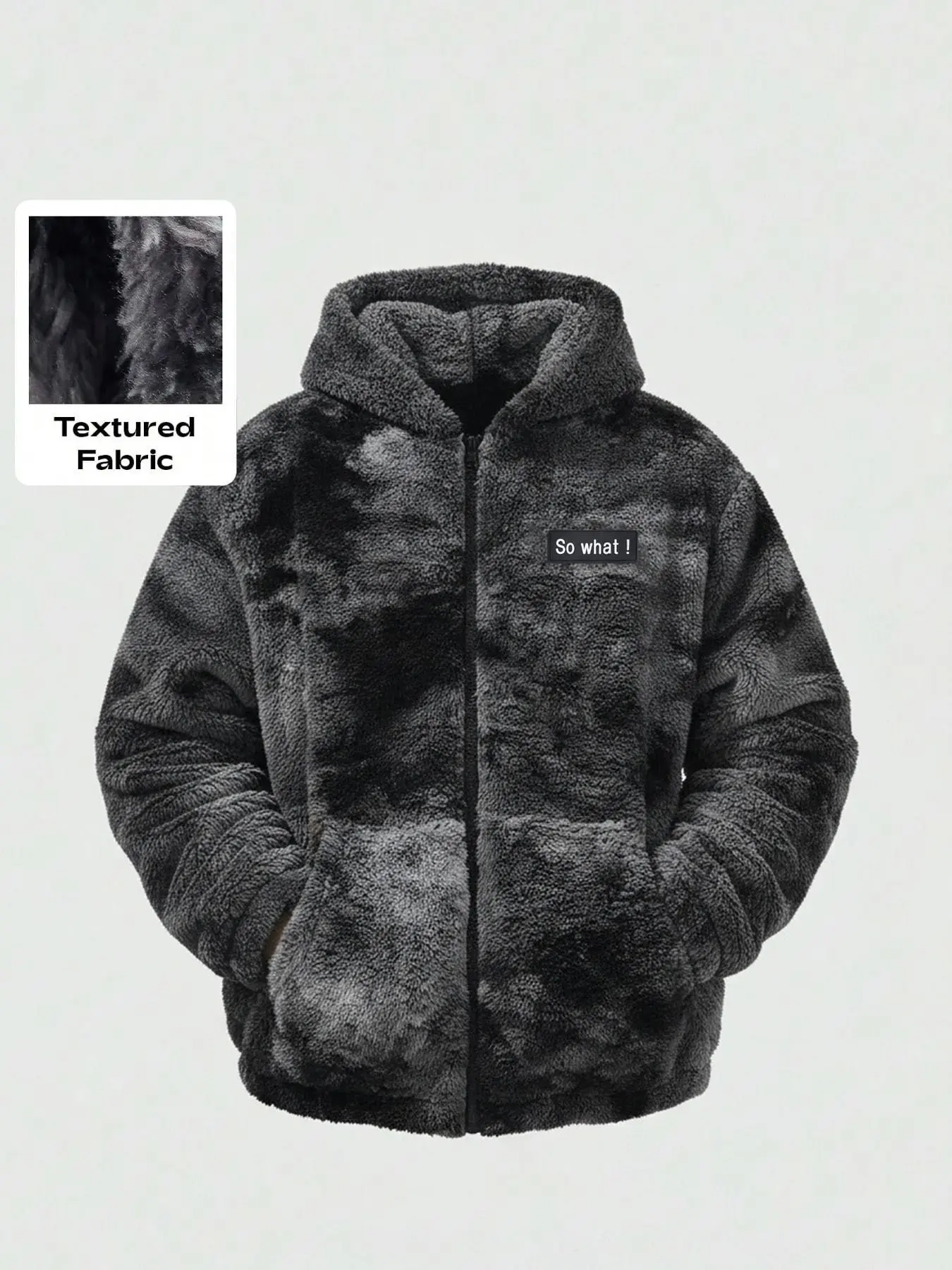 Loose Fleece Hooded Jacket, Gradient Textured Velour Fabric, so What! Slogan Patch, Warm Comfortable Winter Coat