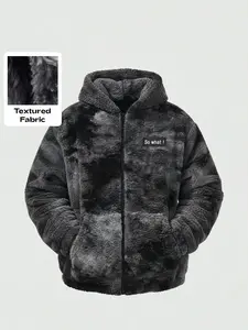 Loose Fleece Hooded Jacket, Gradient Textured Velour Fabric, so What! Slogan Patch, Warm Comfortable Winter Coat