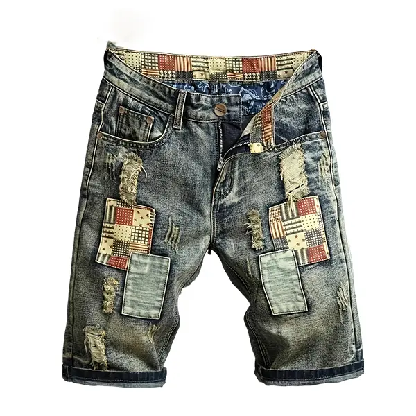 Men's Patchwork Denim Shorts - Menswear Casual Distressed Vintage Blue Slim/Loose Fit Everyday Bottoms, Note to Choose 1 Size Up